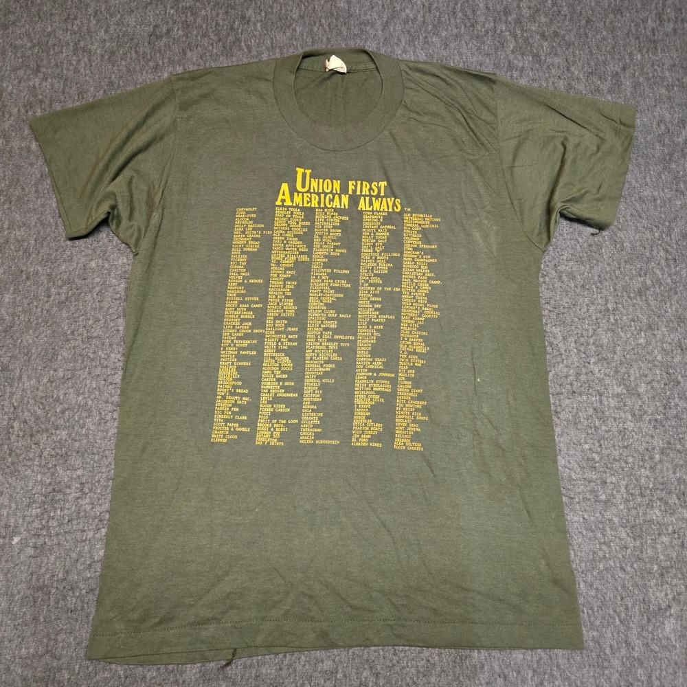 Vintage 80s Screen Stars Union First American Always T-Shirt Mens L Green USA